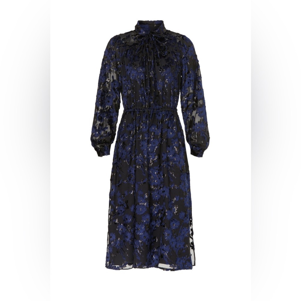 Adam Lippes size 2 Black/Navy Sparkling Midnight Floral Velvet long sleeve dress